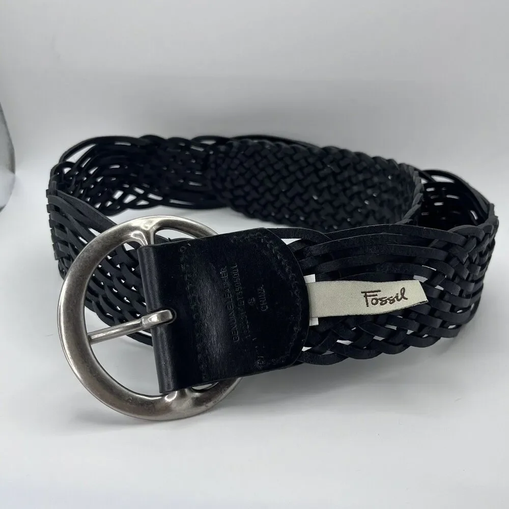 FOSSIL Y2K 90’s Black Braided Leather Belt Women's Grunge Silver Buckle vintage